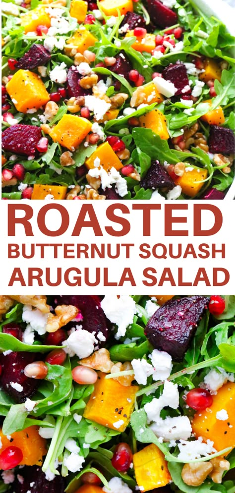 Spicy arugula, roasted beets and butternut squash mixed with crunchy walnuts, and creamy goat cheese. All drizzled with an incredible Orange Vinaigrette dressing! Simple lunch recipe, dinner salad. Salad With Butternut Squash Goat Cheese, Beet And Butternut Salad, Fall Salad Recipes Goat Cheese, Arugula Salad With Butternut Squash, Roasted Beets And Butternut Squash Salad, Arugula Squash Salad, Butternut Squash Beet Salad, Beet Squash Salad, Fall Salad Arugula