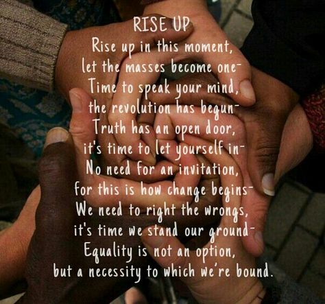 four hands holding each other with the words rise up above them and below it is an image of people's hands