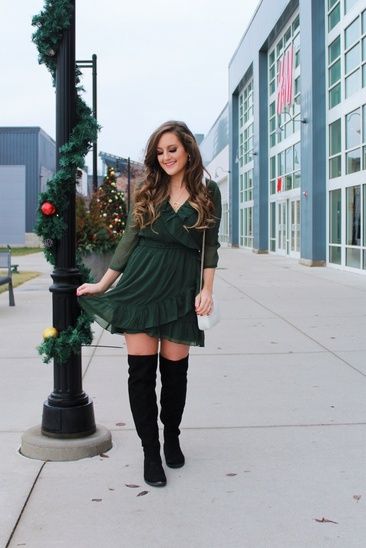 Christmas Dress With Boots, Cocktail Dress With Tall Boots, Christmas Party Dress Casual, Tall Knee-high Boots For Fall Formal Events, Elegant Knee-high Boots For Fall Party, Formal Fall Knee-high Boots, Trendy Fall Knee-high Boots For Formal Occasions, Chirstmas Party Dress With Tall Boots, Natal Outfit