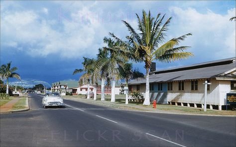 Hickam AFB Street View 1950s    Mauka view of Hickam Air Force Base on south shore of Oahu between Pearl Harbor and Honolulu Airport. Looks like a 1953 Oldsmobile in the scene. Vintage slide. Honolulu Airport, Hawaii History, Hawaiian Vintage, Hawaiian History, Kings Hawaiian, Missing Home, Visit Hawaii, Air Force Base, Vintage Hawaii