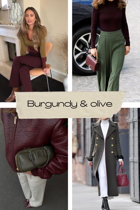 Dallas fashion blogger shares how to style burgundy for all and winter—burgundy and olive outfit inspiration Olive Green Autumn Outfit, Olive And Burgundy Outfit, Burgundy And Olive Green Outfits, True Autumn Palette Outfits, Burgundy Outfit Ideas Color Combos, Green And Burgundy Outfit, Green And Maroon Outfit, Burgundy And Gold Outfit, Wine Color Outfits