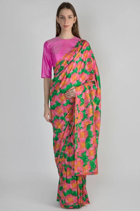 Buy Chanderi Saree with Unstitched Blouse Fabric by Masaba at Aza Fashions Drape Sarees, Indian Pink, Chanderi Saree, Brocade Blouses, Elegant Saree, Green Sequins, Saree Online, Maxi Dress Cotton, Chiffon Saree