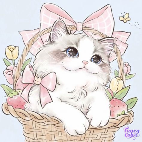 Cat In Basket, Basket Drawing, Apple Watch Wallpaper, Cats Art, Cat Wallpaper, Cute Animal Drawings, Cat Painting, Happy Colors, Cat Drawing