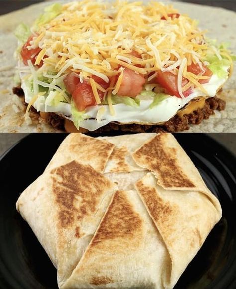 Homemade Crunch Wrap Supreme Crunch Wrap Supreme Recipe, Crunchwrap Recipe, Homemade Crunchwrap, Sandwich Vegetarian, Crunchwrap Supreme, Crunch Wrap, Homemade Crunchwrap Supreme, Taco Bell, Quesadillas