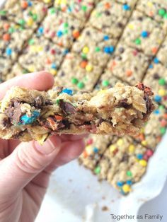 NO FLOUR monster cookie bars | makes an entire cookie sheet, perfect for after school snack and they freeze well! www.togetherasfamily.com Monster Cookie Bars, Monster Cookie, Gf Desserts, Cookie Bar, Gluten Free Sweets, Think Food, Gluten Free Treats, Köstliche Desserts, Yummy Sweets