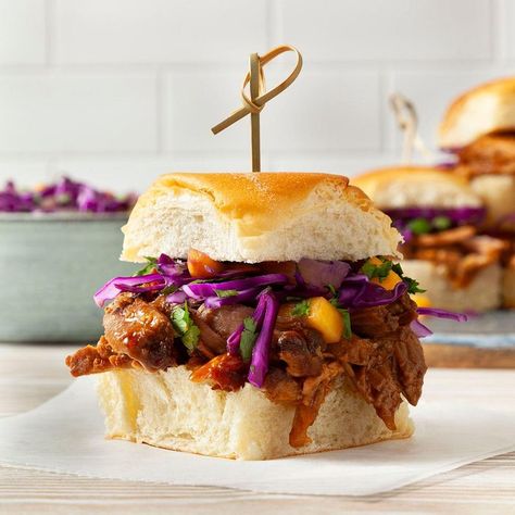 Tropical Coleslaw, Pork Sliders Recipes, Slow Cooked Pork Shoulder, Honey Barbecue Sauce, Pulled Pork Sliders, Pulled Pork Leftovers, Honey Barbecue, Chipotle Peppers, Pork Sliders