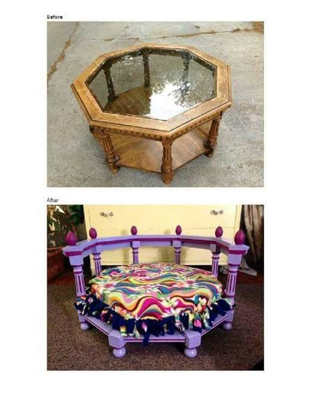 Table turned into cute dog bed Upcycled Pet Bed, Princess Dog Bed, Doggie Beds, Diy Dog Beds, Dog Bed Ideas, Cute Dog Beds, Diy Pet Bed, Diy Dog Bed, Pet Projects