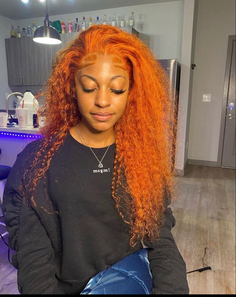 Colored Deep Wave Hair, Wig Installs, Orange Wig, Human Hair Lace Front Wigs, Long Human Hair Wigs, Hair Lace Front Wigs, Ginger Hair Color, Deep Wave Hairstyles, Curly Lace Front Wigs