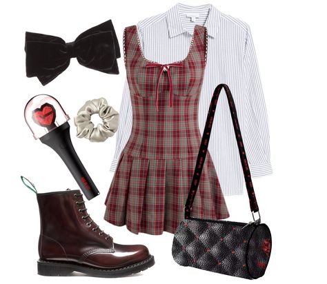 Kiof Preppy Pop Punk outfit ideas | Mix preppy vibes with a rebellious edge in this Fall Preppy Pop-Punk look. Plaid dress, chunky boots, and an striped button up come together with the Kiss of Life Barrel Bag for the ultimate fusion of K-pop style and punk attitude. The sleek, structured bag adds just the right amount of polish to your bold layers, making it the perfect accessory for anyone balancing preppy charm and punk energy this fall. #PreppyPunk #FallFashion #KissOfLife #BarrelBag #KpopStyle Alt Preppy Outfits, Preppy Punk Outfits, Dress Chunky Boots, Punk Outfit Ideas, Pop Punk Outfits, Edgy Preppy, Punk Outfit, Preppy Punk, Preppy Bags