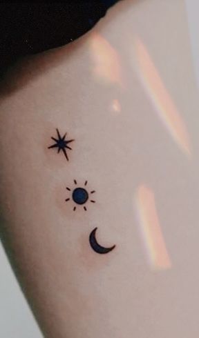 Sun Moon Star Lightning Tattoo, Sun Moon Star Cloud Tattoo, Star And Sun Tattoos, Sun Moon Star Tattoo, Small Coverup Tattoo Ideas, Star Tattoos Behind Ear, Back Ear Tattoo, Rising Sun Tattoos, Moon Star Tattoo