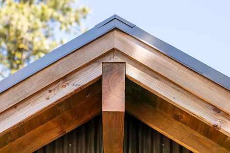 At the peak of this cabin roof, the ridge beam extends to the exterior. #cabin #rustic #detailing Exterior Cabin, Ridge Roof, Ridge Beam, Rustic Cabins, Gable House, Lake Retreat, Cabin Rustic, Cabin Aesthetic, Roof Beam