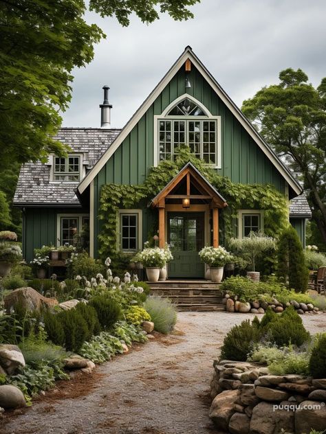 Elevate Your Home Style: Transformative Green Farmhouse Exterior Ideas - Puqqu Dark Green Exterior House With Natural Wood Elements, Craftsman Style Homes Exterior Color, Green Farmhouse Exterior, Cabin Colors, Farmhouse Exteriors, Farmhouse Exterior Ideas, Green House Exterior, Green Farmhouse, Witchy House