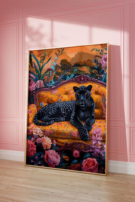 Black Wall With Colorful Art, Black Wall Art Bedroom, Leopard Print Room Decor, Panther Painting, Pink Maximalist, Maximalist Painting, Maximalism Art, Vintage Maximalist Decor, Jungle Wall Decor