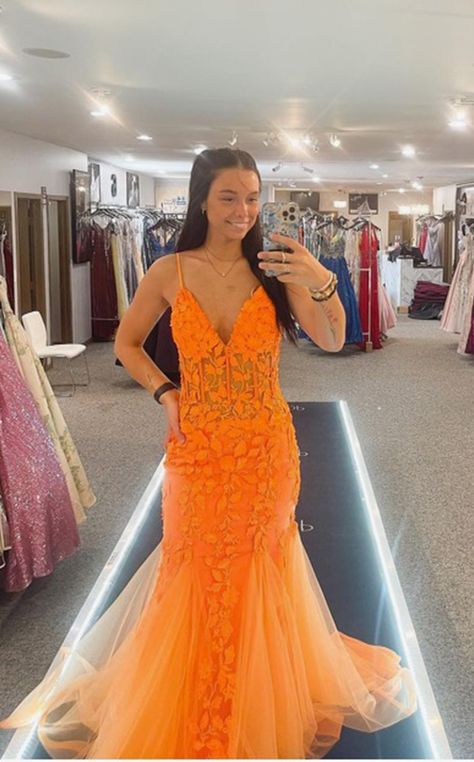 Orange Grad Dress, Orange Prom Dress With Date, Bright Orange Prom Dress, Neon Orange Prom Dress, Prom Dresses Orange, Orange Mermaid Prom Dress, Prom Prep, Orange Prom Dress, Homecoming 2022