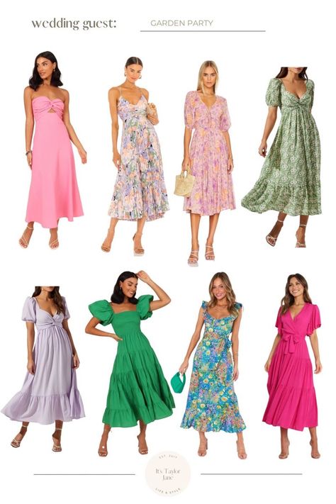 English Garden Wedding Guest Outfit, Different Wedding Attire Guest, Country Theme Wedding Outfits Guest, Festive Garden Party Attire, Guest Wedding Shower Outfits, Wildflower Wedding Guest Attire, Garden Party Bachelorette Outfits, Wedding Guest Attire Mood Board, Garden Semi Formal Wedding Attire Guest