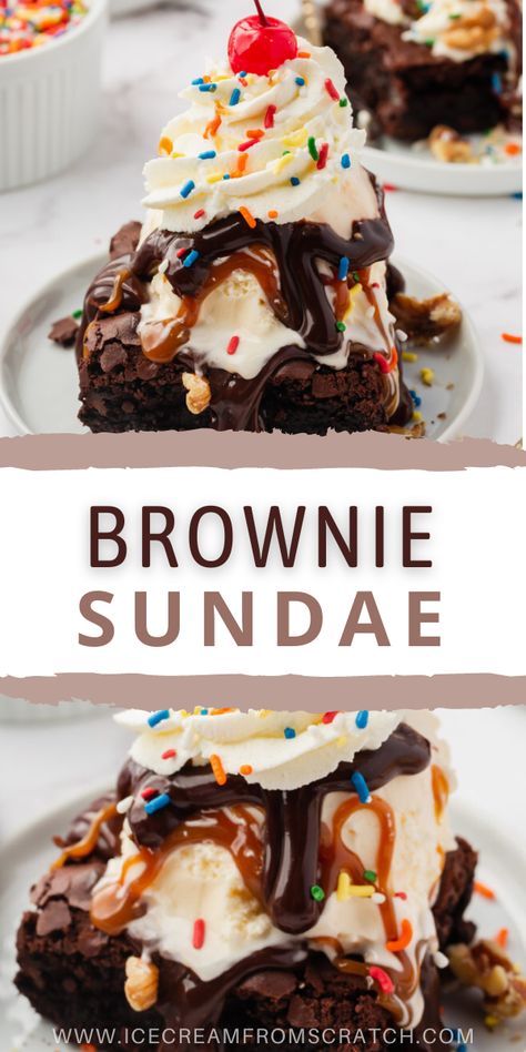 Brownie Sundae Ideas, Brownie Sundae Bar, No Bake Cookies Recipe Peanut Butter, Chocolate Brownie Ice Cream, Ice Cream From Scratch, Easy Ice Cream Recipe Homemade, Chocolate Caramel Brownies, Homemade Brownies Easy, Sundae Toppings