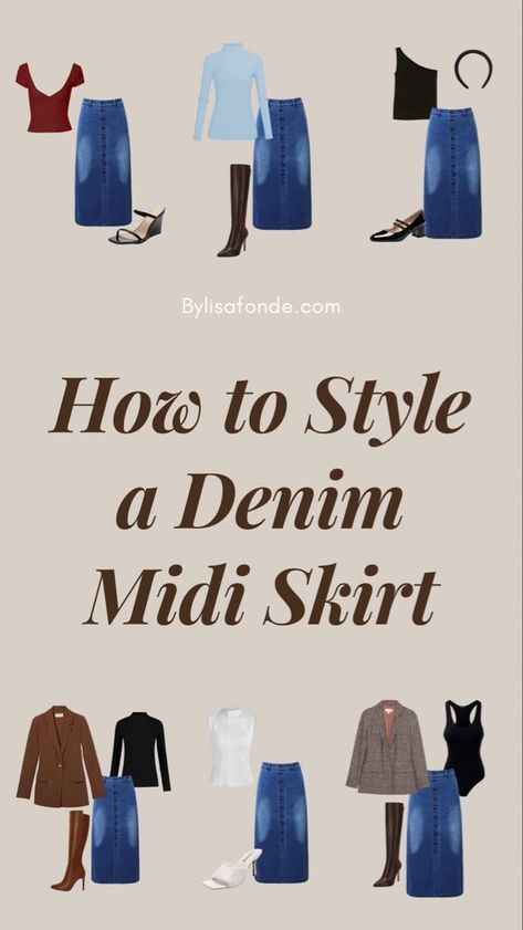 How To Pair Denim Skirt, Long Denim Skirt Outfit Classy, Denim Midi Skirt And Boots, Styling Long Denim Skirt Winter, Long Denim Skirts For Women, Tops To Wear With Denim Skirts, Denim Skirt With Boots Outfit, Shoes To Wear With Jean Skirt, Denim Skirt And Heels Outfit