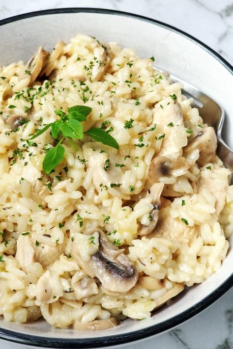 Instant Pot Chicken and Mushroom Risotto Chicken Mushroom Risotto Instant Pot, Chicken Risotto Instant Pot, Creamy Instant Pot Chicken, Instant Pot Mushroom Risotto, Chicken And Mushroom Risotto, Chicken Risotto, Chicken And Mushroom, Rocket Leaves, Button Mushrooms