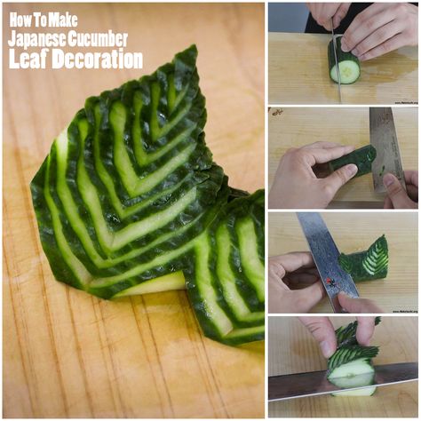 Cucumber Leaves Garnish! tutorial here: Sushi Garnish Ideas, Cucumber Garnish Ideas, Cucumber Carving, Cucumber Flowers, Cucumber Garnish, Fancy Plating, Sushi Ideas, Whimsical Food, Cucumber Flower