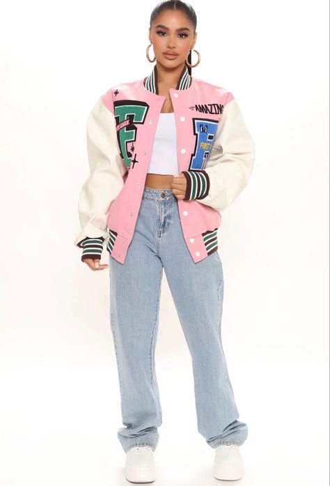 Oversized Varsity Jacket Outfit Women, Pink Varsity Jacket, Out Of Your League, Senior Jackets, Varsity Jacket Outfit, Baseball Fashion, Jacket Outfit Women, Winter 23, Leather Sleeves