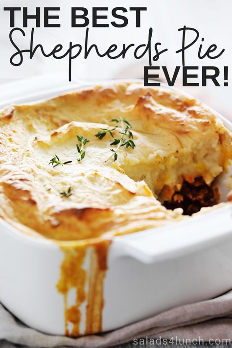 A simple version of the classic meat and vegetable comfort food casserole topped with cheesy garlic mashed potatoes, this is the best Shepherd's Pie recipe you'll ever make! #easyshepherdspie #casserole #gluten-free #groundbeef The Best Shepherds Pie, Best Shepherds Pie, Sheppards Pie Recipe, Cheesy Garlic Mashed Potatoes, Homemade Shepherd's Pie, Comfort Food Casserole, Best Shepherds Pie Recipe, Shepards Pie Recipe, Shepard S Pie