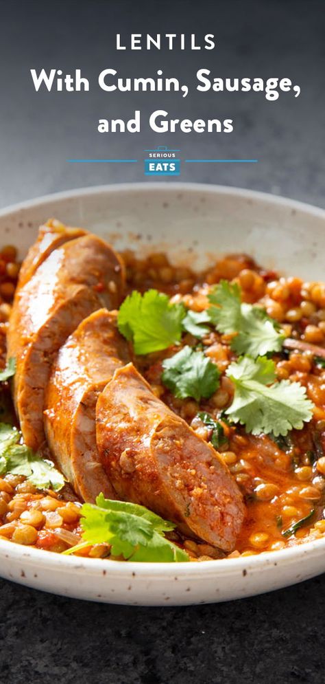 Cumin-Scented Lentils With Sausage and Dandelion Greens | For a simple, one-pan weeknight dinner recipe, we simmer green lentils with earthy toasted cumin seeds, tomatoes, and chicken stock. Paired with meaty sausage, it delivers a sweet heat that's balanced by a last-minute addition of bitter wilted dandelion greens. #healthyrecipes #quickdinners #lentilrecipes Dandelion Greens Recipe, Dandelion Greens Recipes, Tomatoes And Chicken, Lentils And Sausage, Greens Recipes, Dandelion Greens, Homemade Chicken Stock, Christmas Recipes Appetizers, Sweet Heat