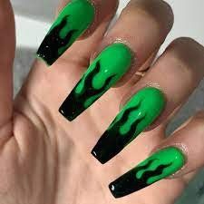 Flame Design Nails, Nails Grunge, Flame Nail Art, Neon Green Nails, Aesthetic Prints, Green Acrylic Nails, Black Acrylic Nails, Instagram Drawing, Colorful Nail