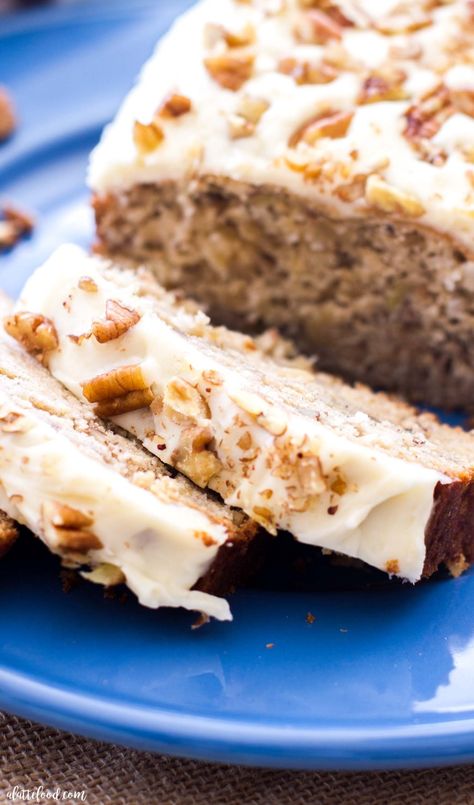 This easy Hummingbird Bread recipe is topped with a homemade cream cheese frosting and toasted pecans. Similar to a hummingbird cake, this humming bread is full of bananas, pineapple and coconut. An easy loaf cake recipe! #dessert #cake #banana #coconut #recipe Hummingbird Bread Recipe, Hummingbird Bread, The Best Cream Cheese Frosting, Best Cream Cheese Frosting, Coconut Banana Bread, Hummingbird Cake Recipes, Quick Bread Recipes Easy, Southern Cake, Quick Bread Recipe