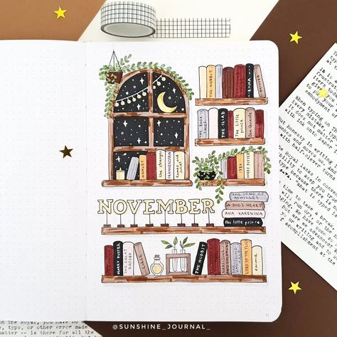 ✨️November theme reveal 📚✨️ So for this month I decided to go for a cozy home library theme! This cover page was inspired by the talented… | Instagram Cozy Home Library, White Sakura, Sakura Pigma Micron, Book Reading Journal, Bullet Journal Ideas Templates, Creating A Bullet Journal, Bulletin Journal Ideas, Diy Journal Books, Art Journal Therapy