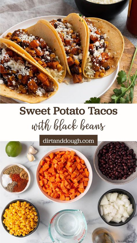 Get ready for a flavor-packed dinner with these sweet potato tacos! Roasted sweet potato chunks bring a natural sweetness, while the savory black bean filling adds protein and texture. Topped with zesty salsa and creamy avocado, these tacos are a delightful balance of flavors and a satisfying meatless option for Taco Tuesday or any day of the week. Healthy, hearty, and full of color – these sweet potato tacos are a must-try! Potato And Black Bean Tacos, Sweet Potato Chunks, Sweet Potato And Black Bean, Bean Nachos, Avocado Taco, Sweet Potato Tacos, Black Bean Tacos, Potato Tacos, Sweet Potato Black Beans