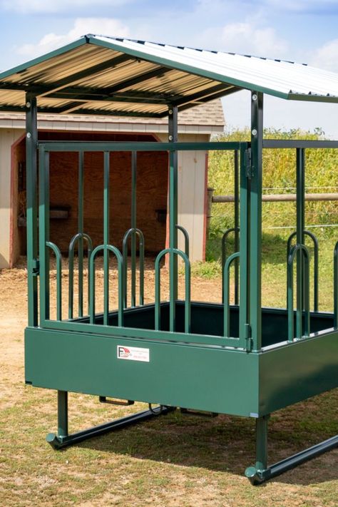 Get a free quote on an 8-10 horse hay feeder. What's even better is that it comes with a metal roof to protect the hay from being wasted in the elements. Once again, this feeder is an excellent hay saver and will save you plenty of cash in the future. Livestock Hay Feeder, Covered Horse Hay Feeder, Covered Hay Feeder, Horse Hay Feeders, Hay Ring, Cow Feeder, Ag Mechanics, Hay Feeder For Horses, Cattle Feeder