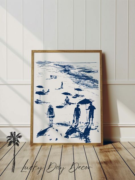 Beach Breeze - Coastal Summer Print - Summer Beach Day - Walking Along The Beach - Trendy Cottage Apartment Beach House - Navy Blue Sketch Modern Large Art, Blue Wall Art Aesthetic, Coastal Wall Art Ideas, Navy Blue Apartment Decor, Boho Posters Art Prints, Apartment Beach, Coastal Eclectic, Navy Art Print, Blue Sketch