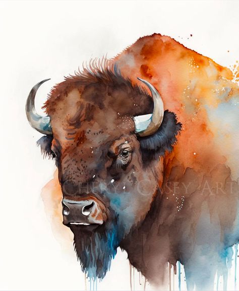 A bison, or American Buffalo, bust/head art print of my watercolor painting. See all the bison art here: https://www.etsy.com/shop/CherylCaseyArt?search_query=bison PRINT DETAILS * Gicleé print from my original watercolor painting. * Directly from my studio. * Inspected, signed, and dated by me. * Printed on heavy, museum quality paper with archival inks. * UNFRAMED. Frames in photos are for illustration purposes only. PAPER * Smooth Matte fine art paper, 192 gsm, archival/museum quality * Water Bison Painting Easy, Buffalo Painting Acrylic, Buffalo Watercolor Painting, Bison Watercolor Painting, Watercolor Western Art, Buffalo Head Drawing, Western Watercolor Paintings, Buffalo Sketch, Bison Drawing