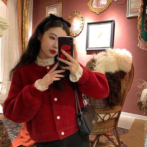 White lace shirt worn under a red cardigan for fall or winter outfits Cardigan Outfit, Fur Sweater, Mode Kpop, Short Cardigan, Red Cardigan, Cardigan Outfits, Cardigan Women, Soft Sweater, Mink Fur