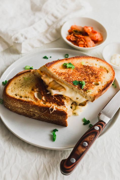 Quick and Easy Kimchi Grilled Cheese | Sift & Simmer Kimchi Grilled Cheese, Easy Kimchi, Vegan Kimchi, Classic Grilled Cheese, Country Bread, Kimchi Fried Rice, Vegetarian Sandwich, Korean Dishes, White Plate