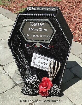 Coffin Card Box Wedding, Coffin Card, Gothic Wedding Decorations, Gothic Fabric, Halloween Wedding Gifts, Gothic Wedding Theme, Halloween Weddings, Halloween Wedding Invitations, Halloween Themed Wedding