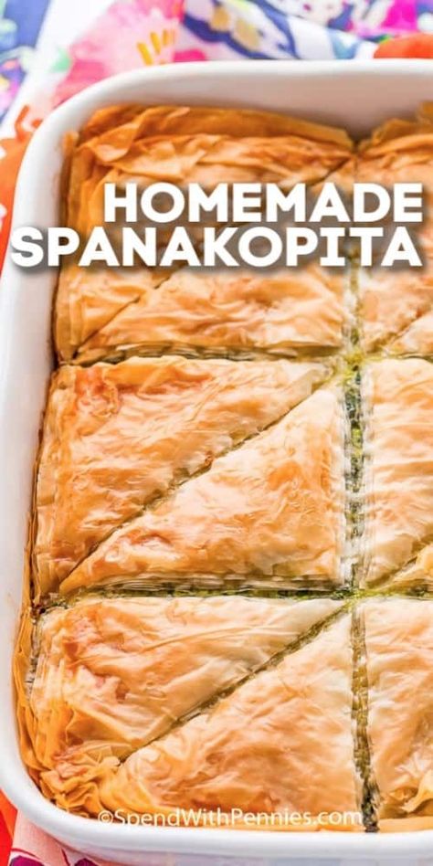 Spanakopita is a traditional Greek spinach pie. Made with phyllo dough and homemade spinach and feta filling it is an easy appetizer or side dish, especially when sliced into triangles. #spendwithpennies #spanakopita #Greek #spinachpie #pastry #sidedish #appetizer #triangles Greek Pastry Recipes Phyllo Dough, Olga’s Spinach Pie Recipe, Greek Phyllo Dough Recipes, Spanakopita With Puff Pastry, Spinach Pie Greek Spanakopita, Filo Dough Appetizers, Phyllo Pastry Recipes Savoury, Spanokita Recipe Greek, Spanakopita Triangles