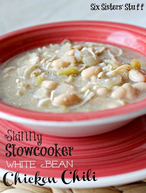 Skinny Slow Cooker White Bean Chicken Chili | Six Sisters' Stuff Slow Cooker White Bean Chicken Chili, White Bean Chicken Chili Slow Cooker, White Bean Chicken Chili, White Chili, Six Sisters Stuff, Crockpot Chili, Soups Stews, White Chicken Chili, Soup Season