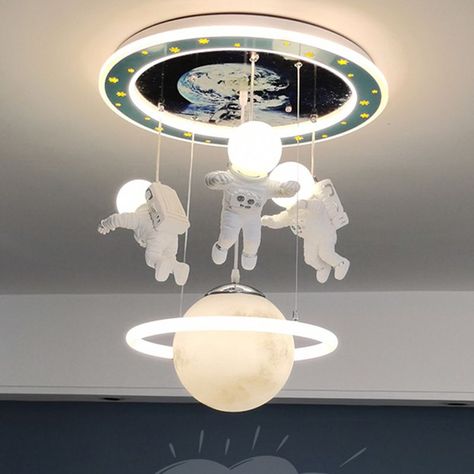 What is Included Style: Kids Fixture Type: Flush Mount Number of Lights: 6-Light Shape: Globe / Ball Color: Blue Material: Acrylic Shade / Light Direction: Ambient Voltage: 110V-120V Size: Large (Greater than 25" wide) Bulb Type: LED/Incandescent/Fluorescent Shade Color: White Glass Type: With Shade Shade Material: Resin Shade Height: 7" Weights & Dimensions Length: 19.5" Fixture Height: 31.5" Features Bulb Included Or Not: No Bulb Base: E26/E27+G9 Kids Lights, Metallic Ceiling, Moon Pendant Light, Light Cartoon, Moon Hanging, Space Themed Bedroom, Space Themed Room, Metal Light Fixture, Kids Room Lighting