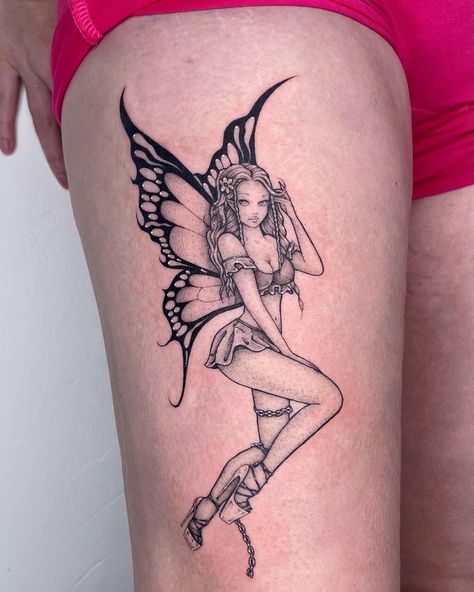 Naked Fairy Tattoos For Women, Dark Fairy Tattoo Designs, Naked Fairy Tattoo, Black Fairy Tattoo, Fairy Tattoo Designs Unique, Fairy Logo, Gothic Fairy Tattoo, Small Fairy Tattoos, Butterfly Wing Tattoo