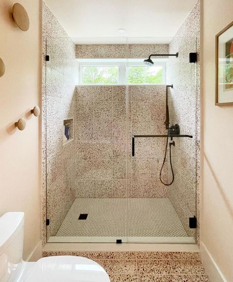 Terrazzo Shower Floor, Terrazzo Shower Wall, Terra Cotta Bathroom, Blush Tile, Terrazzo Bathroom Design, Built In Closets, Yellow Terrazzo, Resort Bathroom, Terazzo Floor