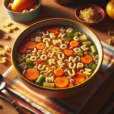 Cooking up Joy - Made with love: Alphabet Soup: Learning While Cooking Alphabet Soup Aesthetic, Alphabet Soup Art, Alphabet Soup Recipe, Zine Collection, Soup Aesthetic, Soup Art, Alphabet Pasta, Soup Store, Tiny Pasta