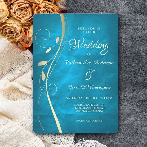 Gold Leaf Swirl Teal Blue Wedding Invitation Teal And Gold Invitations, Teal Blue Wedding, Teal Blue Weddings, Wedding Text, Teal Wedding Invitations, Blue Wedding Invitation, Gold Wedding Colors, Teal Wedding, Mom Wedding