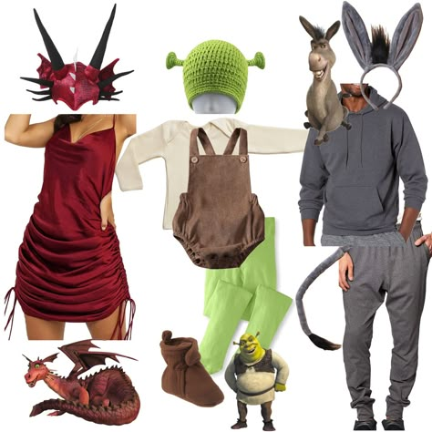 Donkey And Dragon Shrek Costume, Donkey And Dragon Costume, Shrek Inspired Outfits, Shrek Dragon Costume, Shrek Donkey Costume, Shrek Rave, Shrek Halloween, Donkey Costume, Swamp Party