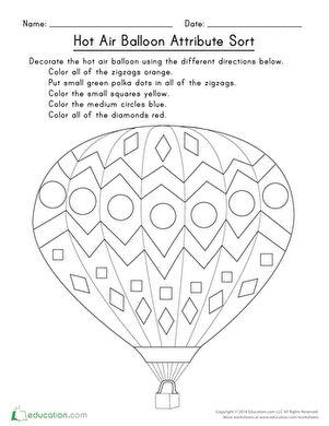 Up, up, and away! Your kindergartners will learn about shapes with this worksheet featuring a hot air balloon. Grab a box of crayons, follow the directions, and the balloons will be ready to fly high in the sky.#educationdotcom Fiesta Activities, Sorting Worksheet, Transportation Preschool Activities, Balloon Craft, Hot Air Balloon Craft, Up The Movie, Box Of Crayons, Hot Air Balloon Design