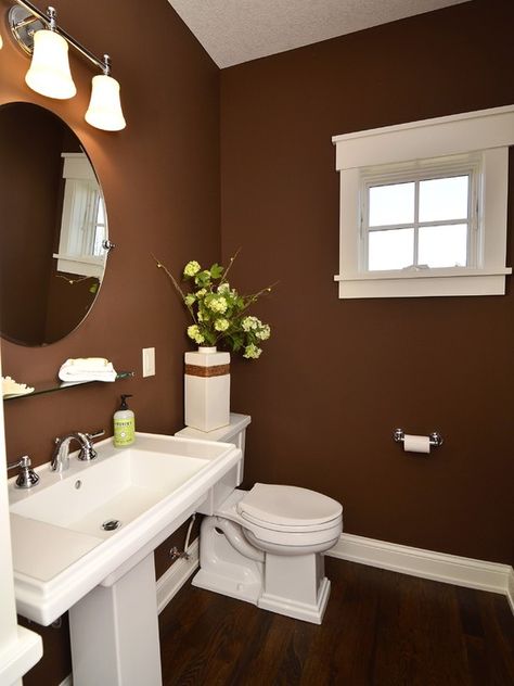 Wonderful wall color - I just hope there's enough light in the absence of the camera's flash.  Like small bathroom window - especially its wide white frame... Get more ideas for colors for your bathroom at http://www.bathroom-paint.net/bathroom-paint-color.php Powder Room Ideas Modern, Traditional Powder Room, Powder Room Design Ideas, Small Bathroom Window, Brown Bathroom Ideas, Brown Bathroom Decor, New Bathroom Ideas, Room Brown, Powder Room Design