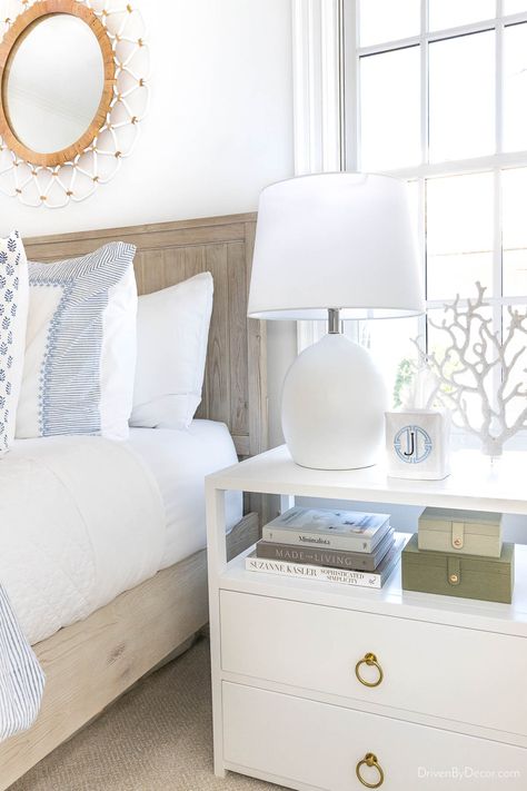 White Bedside Table Styling, Simple Room Makeover, Nightstand With Mirror, White Nightstand Bedroom, Nightstand Decor Ideas, Blue White Bedroom, Bed Weather, Room Makeover Ideas, Simple Nightstand