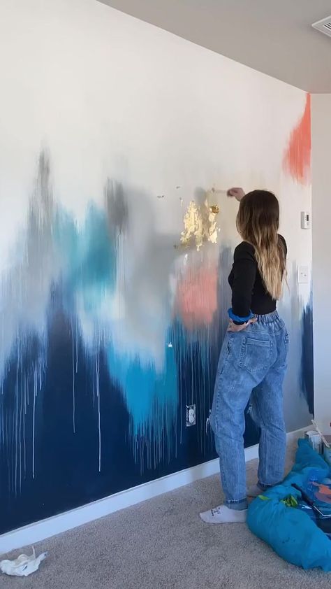 Abstract Bathroom Painting, Drip Wall Paint, Abstract Accent Wall Paint, Salon Mural Ideas, Watercolor Wall Paint Diy, Abstract Wall Painting Ideas, Leaf Accent Wall, Stairwell Mural, Abstract Accent Wall