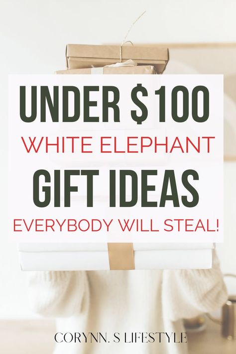 Photo of a girl wearing white holding brown and white gift boxes stacked in front of her. Under $100 White Elephant Gift Ideas Everybody Will Steal! White Elephant Gifts For Work, Work White Elephant, Unique White Elephant Gifts, Elephant Basket, White Elephant Gift Ideas, Elephant Gift Ideas, Best White Elephant Gifts, White Elephant Party, 100 Gift