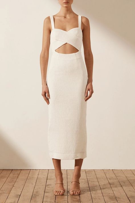 Simone Cross Over Midi Dress | Ivory | Dresses | Shona Joy – Shona Joy International White Party Outfit, Rehearsal Dinner Outfits, Maxi Dresses Online, Linen Fashion, Dinner Outfit, Shona Joy, Fitted Midi Dress, Bridal Shower Dress, Maxi Dress Online